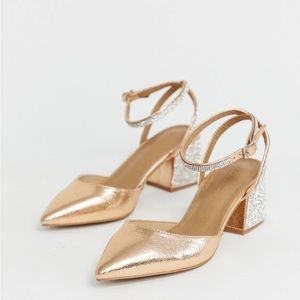 ASOS chunky block heels, gold and sparkly rhinestones READ size